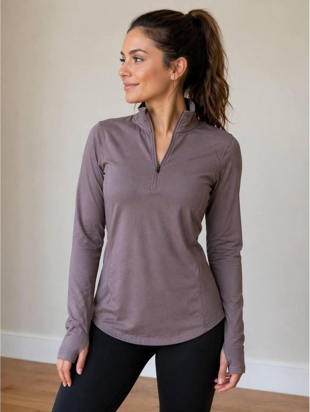 Lukka Lux Pullover Womens Small Purple 1/4 Zip Mock Neck Thumbholes Top Athletic